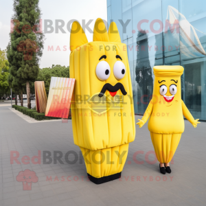 Yellow French Fries mascot costume character dressed with a Pencil Skirt and Clutch bags