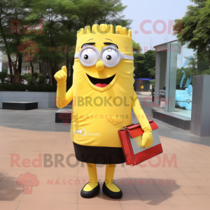 Yellow French Fries mascot costume character dressed with a Pencil Skirt and Clutch bags