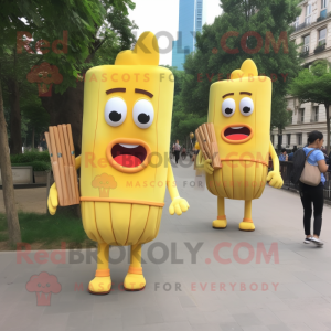 Yellow French Fries mascot costume character dressed with a Pencil Skirt and Clutch bags