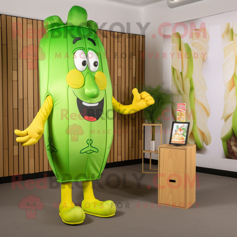 Lime Green French Fries mascot costume character dressed with a Culottes and Ties Lime Green French Fries mascot costume character dressed with a Culottes and Ties