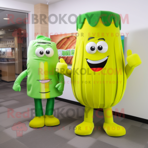 Lime Green French Fries mascot costume character dressed with a Culottes and Ties