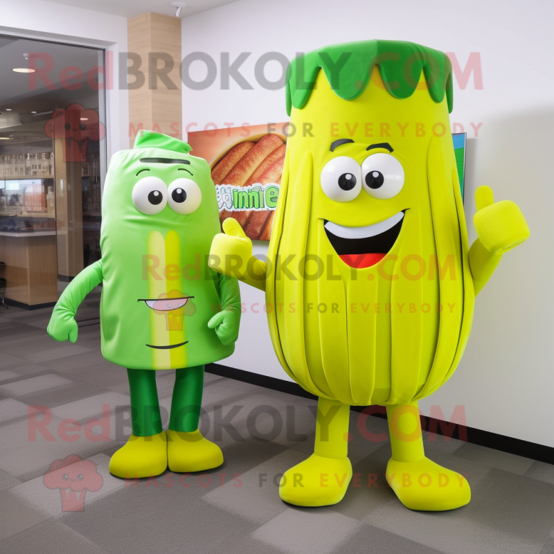 Lime Green French Fries mascot costume character dressed with a Culottes and Ties Lime Green French Fries mascot costume character dressed with a Culottes and Ties