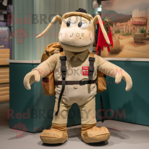 Beige Lobster Bisque mascot costume character dressed with a Dungarees and Backpacks
