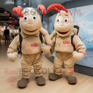 Beige Lobster Bisque mascot costume character dressed with a Dungarees and Backpacks