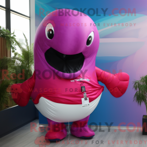 Maskotfigur af en magenta...