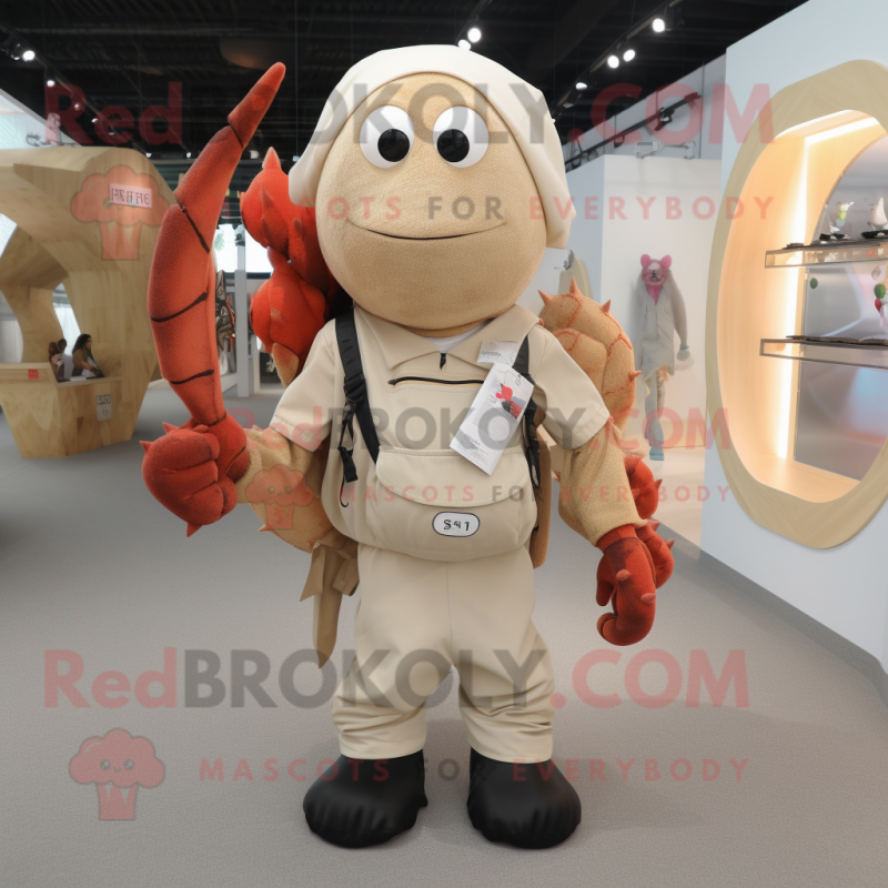 Beige Lobster Bisque mascot costume character dressed with a Dungarees and Backpacks Beige Lobster Bisque mascot costume character dressed with a Dungarees and Backpacks