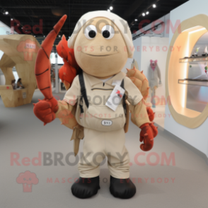 Beige Lobster Bisque mascot costume character dressed with a Dungarees and Backpacks