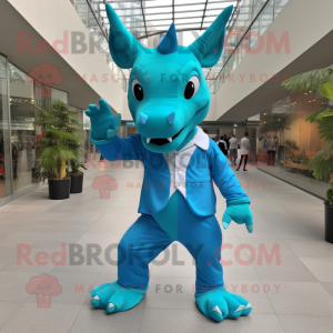 Cyan Triceratops mascot costume character dressed with a Jumpsuit and Pocket squares