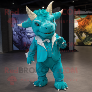 Cyaan Triceratops mascotte...