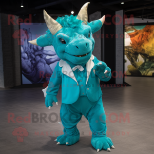 Cyan Triceratops mascot costume character dressed with a Jumpsuit and Pocket squares
