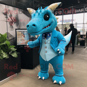 Cyan Triceratops mascot costume character dressed with a Jumpsuit and Pocket squares