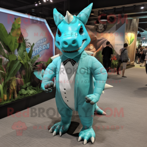 Cyan Triceratops mascot costume character dressed with a Jumpsuit and Pocket squares