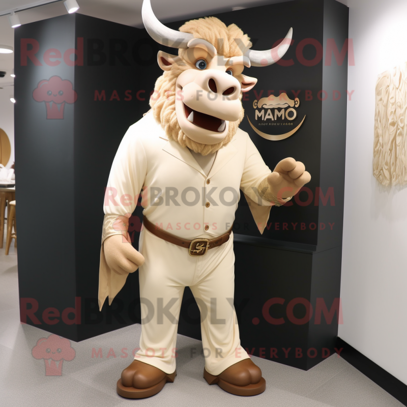 Cream Minotaur mascot costume character dressed with a Blazer and Shawl pins