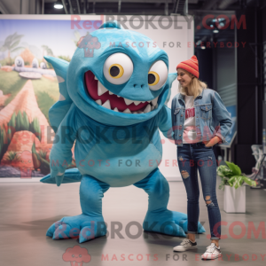 Maskot karaktär av en cyan...