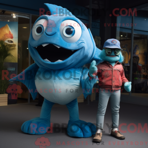 Maskotfigur af en cyan...