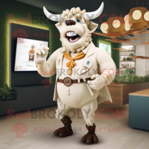 Cream Minotaur mascot costume character dressed with a Blazer and Shawl pins