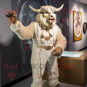 Cream Minotaur mascot costume character dressed with a Blazer and Shawl pins