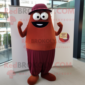 Maroon Apricot mascot costume character dressed with a Maxi Dress and Pocket squares