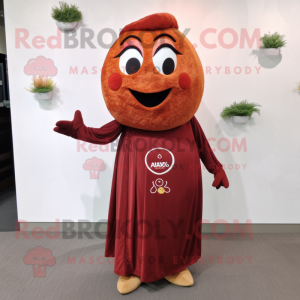 Maroon Apricot mascot costume character dressed with a Maxi Dress and Pocket squares