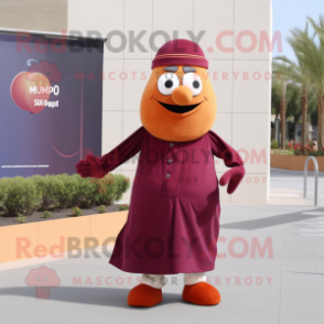 Maroon Apricot mascot costume character dressed with a Maxi Dress and Pocket squares