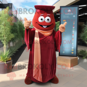 Maroon Apricot mascot costume character dressed with a Maxi Dress and Pocket squares