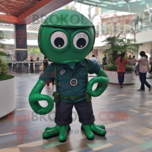 Forest Green Octopus mascot costume character dressed with a Overalls and Bracelet watches