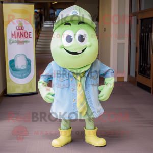 Lime Green Clam Chowder mascot costume character dressed with a Chambray Shirt and Lapel pins