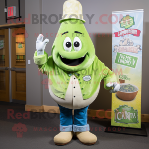 Lime Green Clam Chowder mascot costume character dressed with a Chambray Shirt and Lapel pins