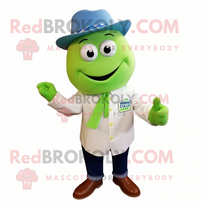 Lime Green Clam Chowder mascot costume character dressed with a Chambray Shirt and Lapel pins