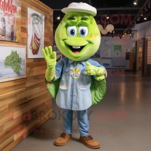 Lime Green Clam Chowder mascot costume character dressed with a Chambray Shirt and Lapel pins