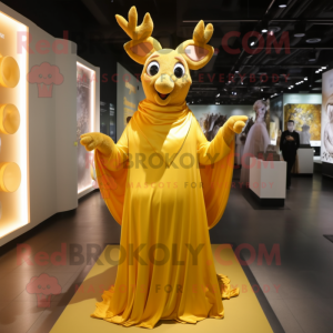 Gold Reindeer mascot costume character dressed with a Dress and Scarves