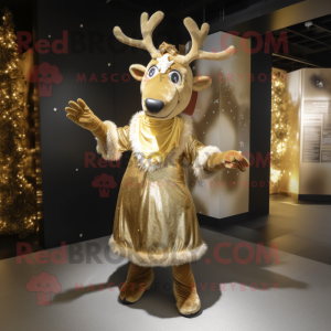 Gold Reindeer mascot costume character dressed with a Dress and Scarves