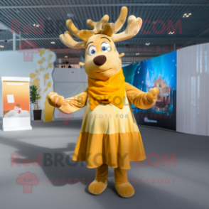 Gold Reindeer mascot costume character dressed with a Dress and Scarves