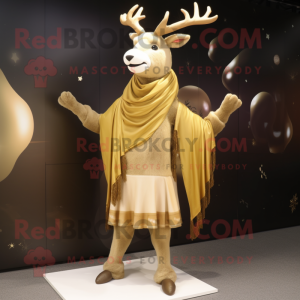 Gold Reindeer mascot costume character dressed with a Dress and Scarves