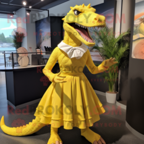 Lemon Yellow Spinosaurus mascot costume character dressed with a Circle Skirt and Suspenders