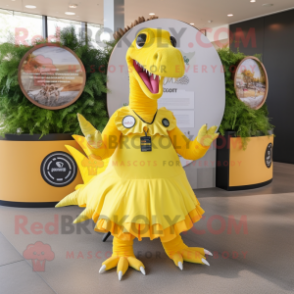 Lemon Yellow Spinosaurus mascot costume character dressed with a Circle Skirt and Suspenders