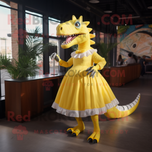 Lemon Yellow Spinosaurus mascot costume character dressed with a Circle Skirt and Suspenders
