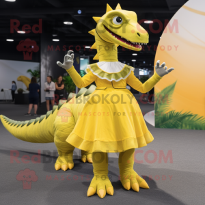 Lemon Yellow Spinosaurus mascot costume character dressed with a Circle Skirt and Suspenders