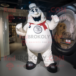 White Steak mascot costume character dressed with a Dungarees and Rings