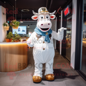 White Steak mascot costume character dressed with a Dungarees and Rings