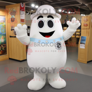 White Steak mascot costume character dressed with a Dungarees and Rings