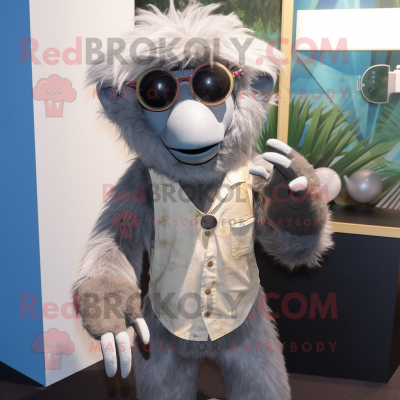 Gray Baboon mascot costume character dressed with a Romper and Sunglasses