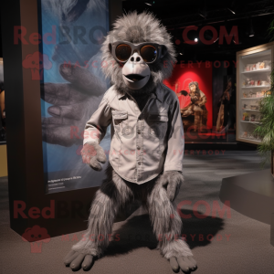 Gray Baboon mascot costume character dressed with a Romper and Sunglasses