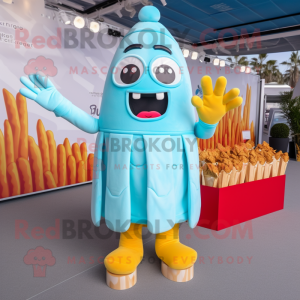 Sky Blue French Fries mascot costume character dressed with a Midi Dress and Foot pads