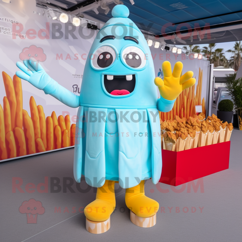Sky Blue French Fries mascot costume character dressed with a Midi Dress and Foot pads