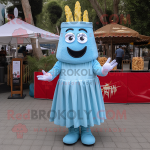 Sky Blue French Fries mascot costume character dressed with a Midi Dress and Foot pads