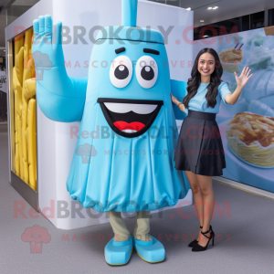 Sky Blue French Fries mascot costume character dressed with a Midi Dress and Foot pads