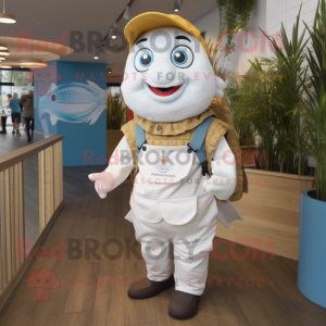 White Fish And Chips mascot costume character dressed with a Dungarees and Backpacks