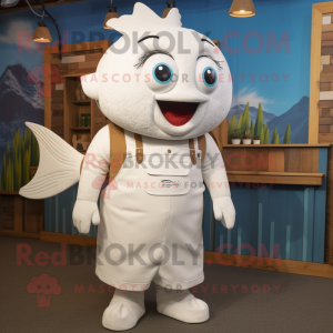 White Fish And Chips mascot costume character dressed with a Dungarees and Backpacks