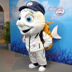 White Fish And Chips mascot costume character dressed with a Dungarees and Backpacks